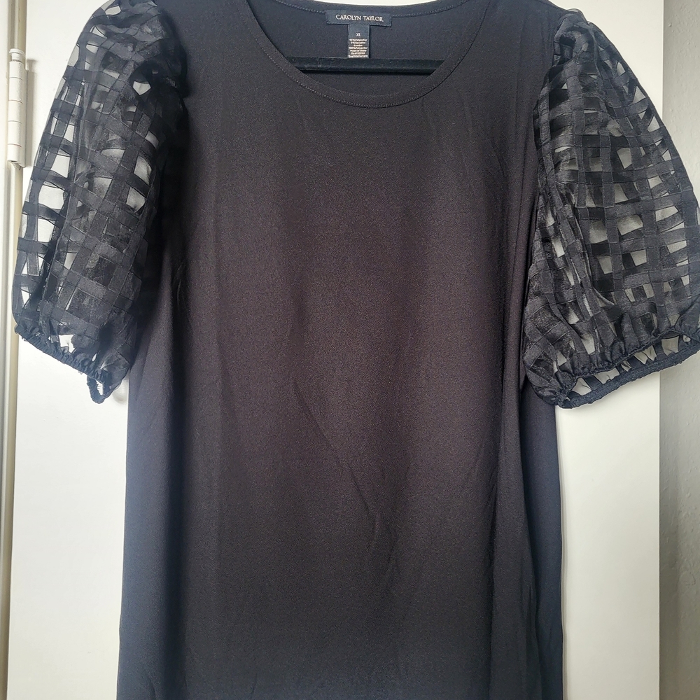Carolyn Taylor Black Knit Top with Checkered Puff Sleeves